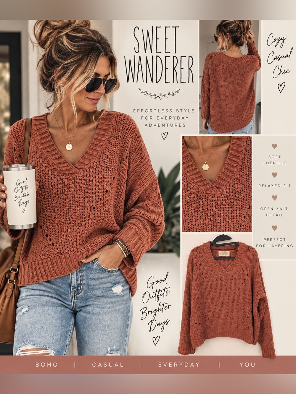 Sweet Wanderer Rust Chenille Open Knit V-Neck Sweater M Boho